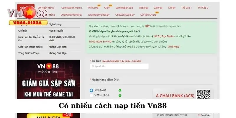 Có nhiều cách nạp tiền Vn88